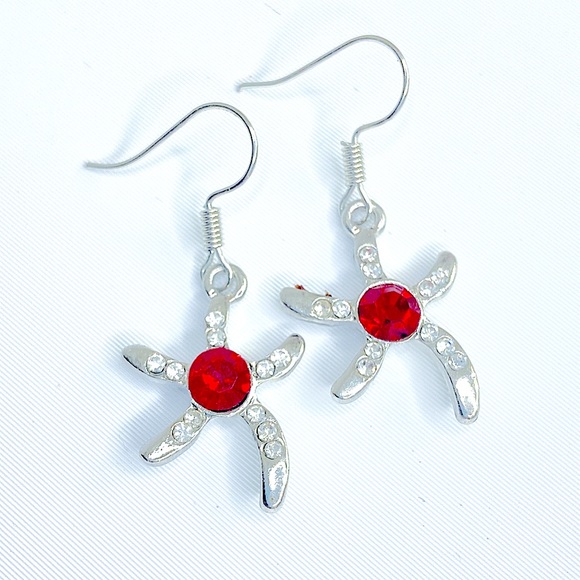 Whimsical Red Rhinestone Studded Silver Starfish Dangle Earrings - Picture 2 of 3